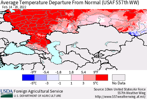 Russian Federation Average Temperature Departure from Normal (USAF 557th WW) Thematic Map For 2/14/2022 - 2/20/2022