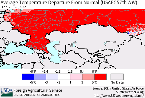 Russian Federation Average Temperature Departure from Normal (USAF 557th WW) Thematic Map For 2/21/2022 - 2/27/2022