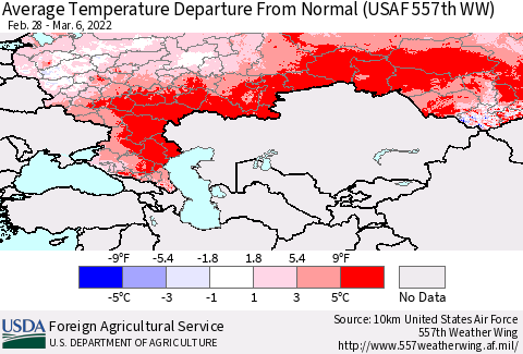 Russian Federation Average Temperature Departure from Normal (USAF 557th WW) Thematic Map For 2/28/2022 - 3/6/2022