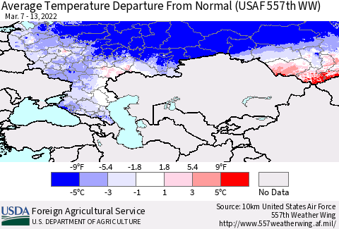 Russian Federation Average Temperature Departure from Normal (USAF 557th WW) Thematic Map For 3/7/2022 - 3/13/2022
