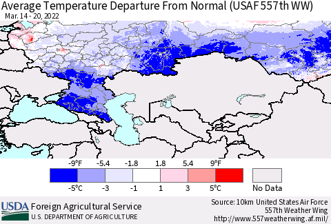 Russian Federation Average Temperature Departure from Normal (USAF 557th WW) Thematic Map For 3/14/2022 - 3/20/2022