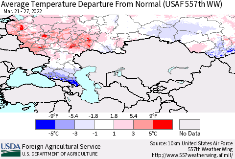 Russian Federation Average Temperature Departure from Normal (USAF 557th WW) Thematic Map For 3/21/2022 - 3/27/2022
