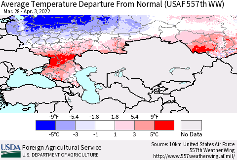 Russian Federation Average Temperature Departure from Normal (USAF 557th WW) Thematic Map For 3/28/2022 - 4/3/2022