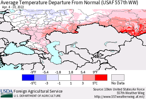 Russian Federation Average Temperature Departure from Normal (USAF 557th WW) Thematic Map For 4/4/2022 - 4/10/2022