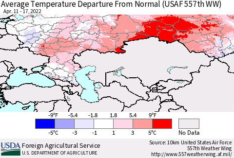 Russian Federation Average Temperature Departure from Normal (USAF 557th WW) Thematic Map For 4/11/2022 - 4/17/2022