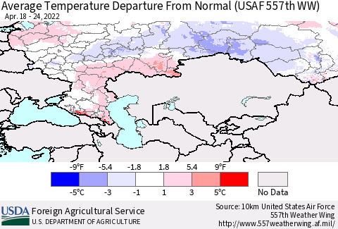 Russian Federation Average Temperature Departure from Normal (USAF 557th WW) Thematic Map For 4/18/2022 - 4/24/2022