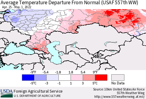 Russian Federation Average Temperature Departure from Normal (USAF 557th WW) Thematic Map For 4/25/2022 - 5/1/2022