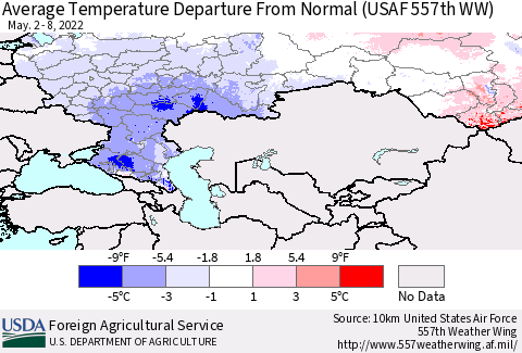 Russian Federation Average Temperature Departure from Normal (USAF 557th WW) Thematic Map For 5/2/2022 - 5/8/2022