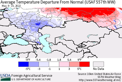 Russian Federation Average Temperature Departure from Normal (USAF 557th WW) Thematic Map For 5/9/2022 - 5/15/2022