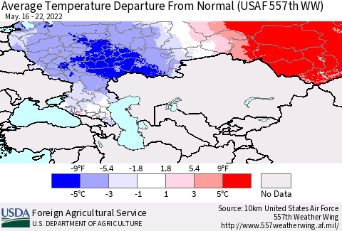 Russian Federation Average Temperature Departure from Normal (USAF 557th WW) Thematic Map For 5/16/2022 - 5/22/2022