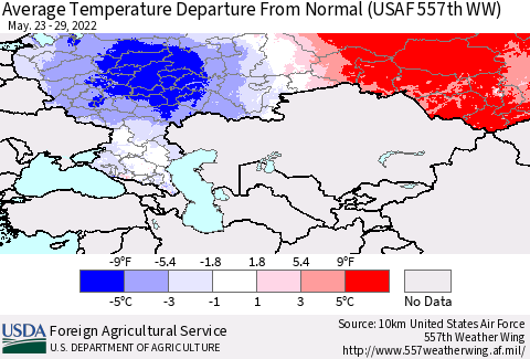 Russian Federation Average Temperature Departure from Normal (USAF 557th WW) Thematic Map For 5/23/2022 - 5/29/2022