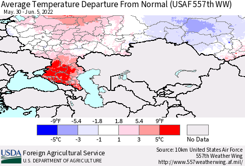 Russian Federation Average Temperature Departure from Normal (USAF 557th WW) Thematic Map For 5/30/2022 - 6/5/2022