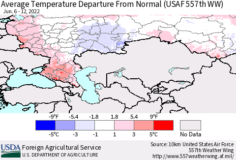 Russian Federation Average Temperature Departure from Normal (USAF 557th WW) Thematic Map For 6/6/2022 - 6/12/2022