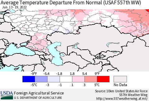 Russian Federation Average Temperature Departure from Normal (USAF 557th WW) Thematic Map For 6/13/2022 - 6/19/2022