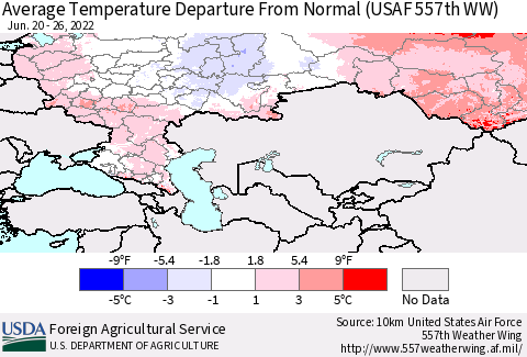 Russian Federation Average Temperature Departure from Normal (USAF 557th WW) Thematic Map For 6/20/2022 - 6/26/2022