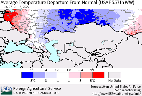 Russian Federation Average Temperature Departure from Normal (USAF 557th WW) Thematic Map For 6/27/2022 - 7/3/2022