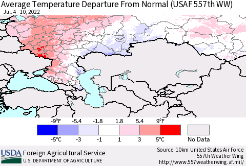 Russian Federation Average Temperature Departure from Normal (USAF 557th WW) Thematic Map For 7/4/2022 - 7/10/2022