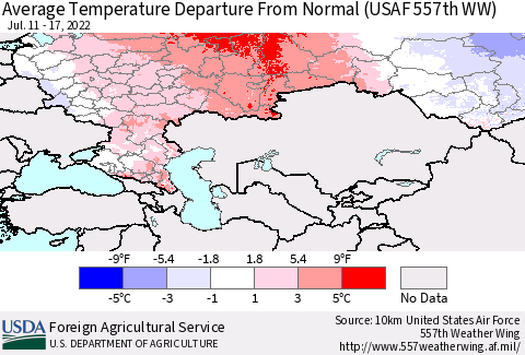 Russian Federation Average Temperature Departure from Normal (USAF 557th WW) Thematic Map For 7/11/2022 - 7/17/2022