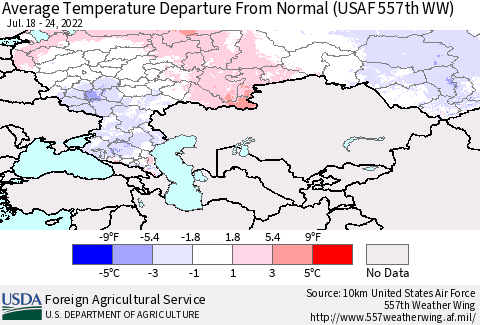 Russian Federation Average Temperature Departure from Normal (USAF 557th WW) Thematic Map For 7/18/2022 - 7/24/2022