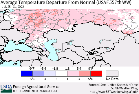 Russian Federation Average Temperature Departure from Normal (USAF 557th WW) Thematic Map For 7/25/2022 - 7/31/2022