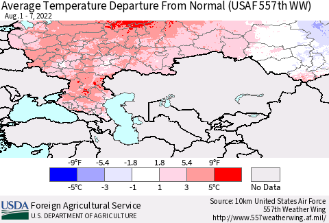 Russian Federation Average Temperature Departure from Normal (USAF 557th WW) Thematic Map For 8/1/2022 - 8/7/2022