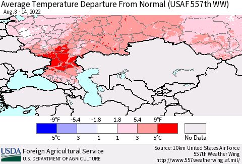 Russian Federation Average Temperature Departure from Normal (USAF 557th WW) Thematic Map For 8/8/2022 - 8/14/2022