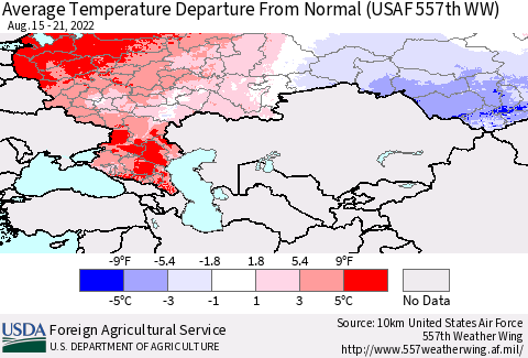 Russian Federation Average Temperature Departure from Normal (USAF 557th WW) Thematic Map For 8/15/2022 - 8/21/2022