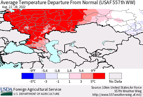 Russian Federation Average Temperature Departure from Normal (USAF 557th WW) Thematic Map For 8/22/2022 - 8/28/2022