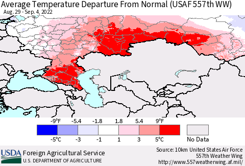 Russian Federation Average Temperature Departure from Normal (USAF 557th WW) Thematic Map For 8/29/2022 - 9/4/2022