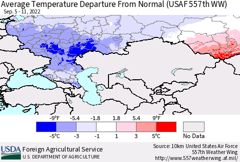 Russian Federation Average Temperature Departure from Normal (USAF 557th WW) Thematic Map For 9/5/2022 - 9/11/2022