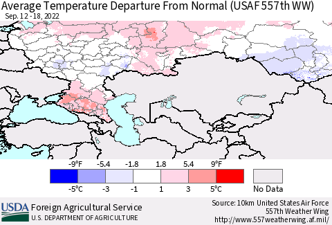 Russian Federation Average Temperature Departure from Normal (USAF 557th WW) Thematic Map For 9/12/2022 - 9/18/2022