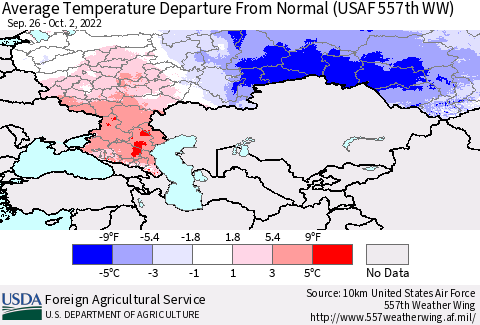 Russian Federation Average Temperature Departure from Normal (USAF 557th WW) Thematic Map For 9/26/2022 - 10/2/2022