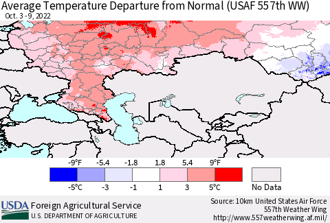Russian Federation Average Temperature Departure from Normal (USAF 557th WW) Thematic Map For 10/3/2022 - 10/9/2022