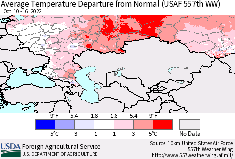 Russian Federation Average Temperature Departure from Normal (USAF 557th WW) Thematic Map For 10/10/2022 - 10/16/2022