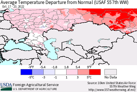 Russian Federation Average Temperature Departure from Normal (USAF 557th WW) Thematic Map For 10/17/2022 - 10/23/2022
