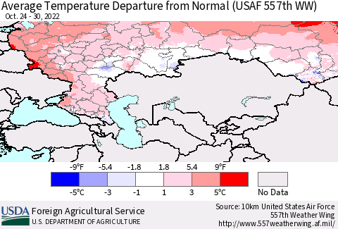 Russian Federation Average Temperature Departure from Normal (USAF 557th WW) Thematic Map For 10/24/2022 - 10/30/2022