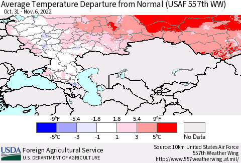 Russian Federation Average Temperature Departure from Normal (USAF 557th WW) Thematic Map For 10/31/2022 - 11/6/2022