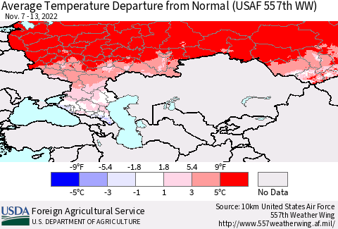 Russian Federation Average Temperature Departure from Normal (USAF 557th WW) Thematic Map For 11/7/2022 - 11/13/2022