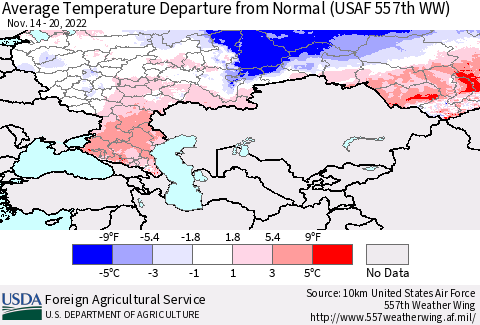 Russian Federation Average Temperature Departure from Normal (USAF 557th WW) Thematic Map For 11/14/2022 - 11/20/2022