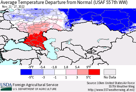 Russian Federation Average Temperature Departure from Normal (USAF 557th WW) Thematic Map For 11/21/2022 - 11/27/2022