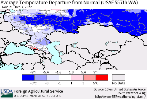 Russian Federation Average Temperature Departure from Normal (USAF 557th WW) Thematic Map For 11/28/2022 - 12/4/2022