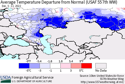 Russian Federation Average Temperature Departure from Normal (USAF 557th WW) Thematic Map For 12/5/2022 - 12/11/2022