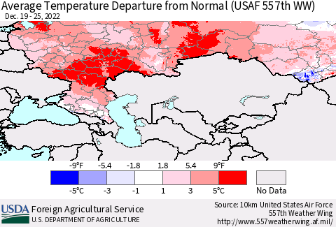 Russian Federation Average Temperature Departure from Normal (USAF 557th WW) Thematic Map For 12/19/2022 - 12/25/2022