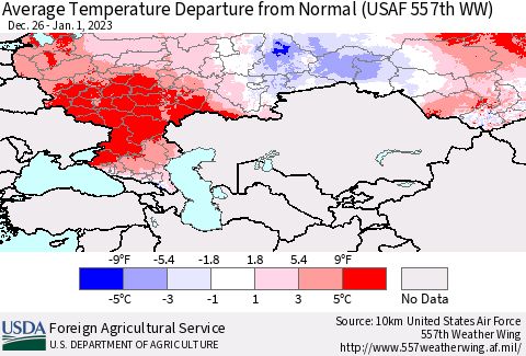 Russian Federation Average Temperature Departure from Normal (USAF 557th WW) Thematic Map For 12/26/2022 - 1/1/2023
