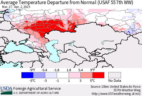 Russian Federation Average Temperature Departure from Normal (USAF 557th WW) Thematic Map For 3/27/2023 - 4/2/2023