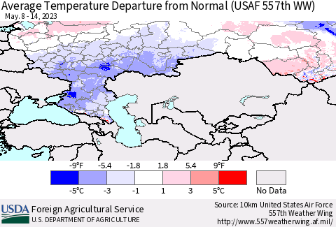 Russian Federation Average Temperature Departure from Normal (USAF 557th WW) Thematic Map For 5/8/2023 - 5/14/2023