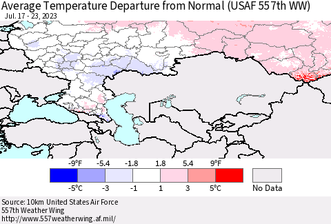 Russian Federation Average Temperature Departure from Normal (USAF 557th WW) Thematic Map For 7/17/2023 - 7/23/2023
