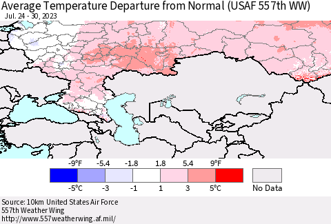 Russian Federation Average Temperature Departure from Normal (USAF 557th WW) Thematic Map For 7/24/2023 - 7/30/2023