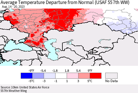 Russian Federation Average Temperature Departure from Normal (USAF 557th WW) Thematic Map For 8/14/2023 - 8/20/2023