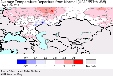 Russian Federation Average Temperature Departure from Normal (USAF 557th WW) Thematic Map For 9/4/2023 - 9/10/2023